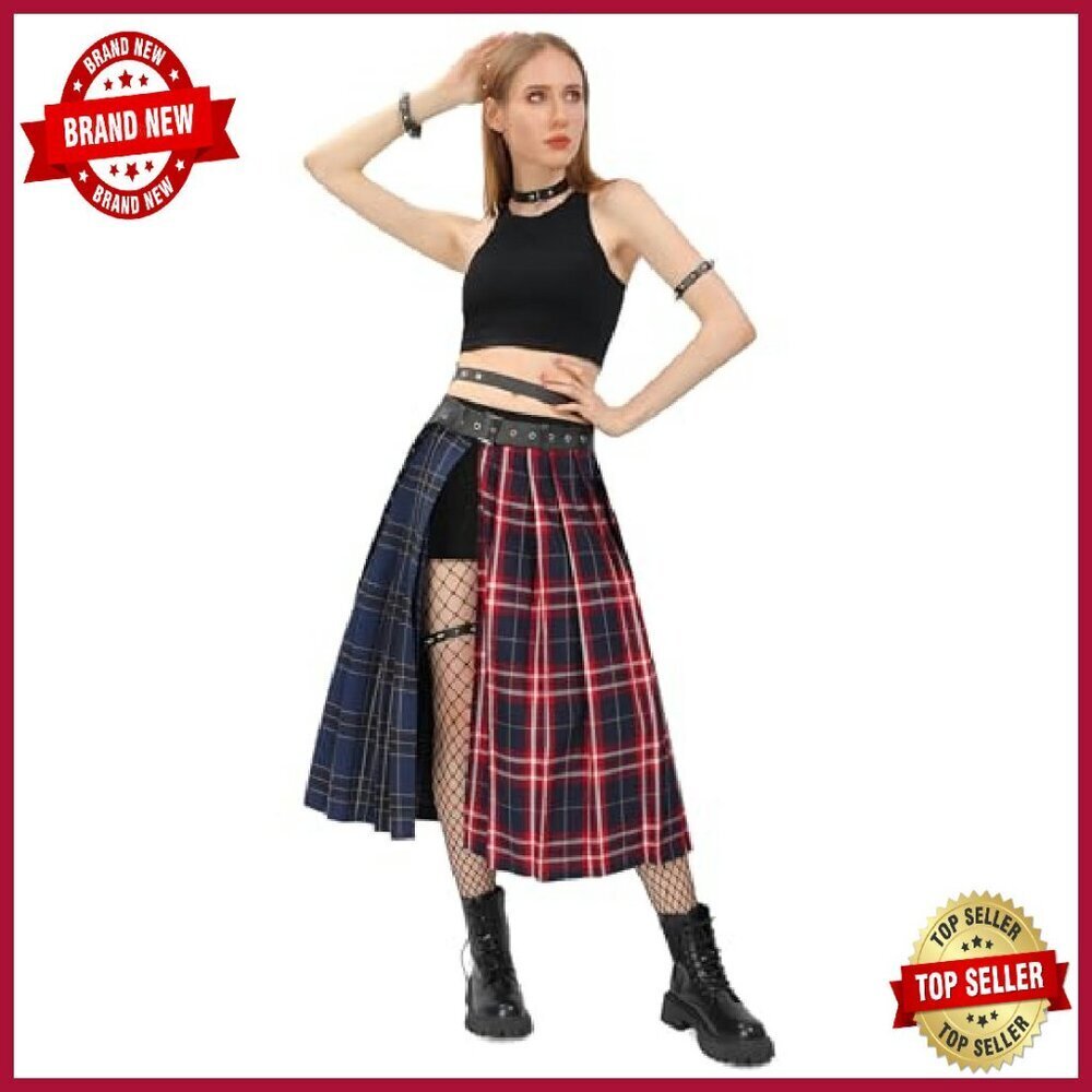 Plaid Pleated Midi Skirt with Belt, Side Slit, Polyester, US Size - Picture 5 of 8